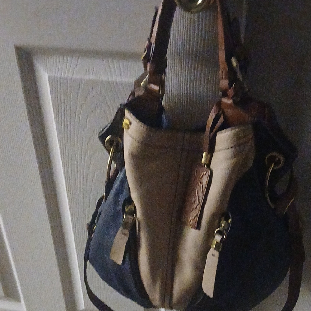 Canvas and Leather Two-Tone Crossbody Bag - Navy and Tan